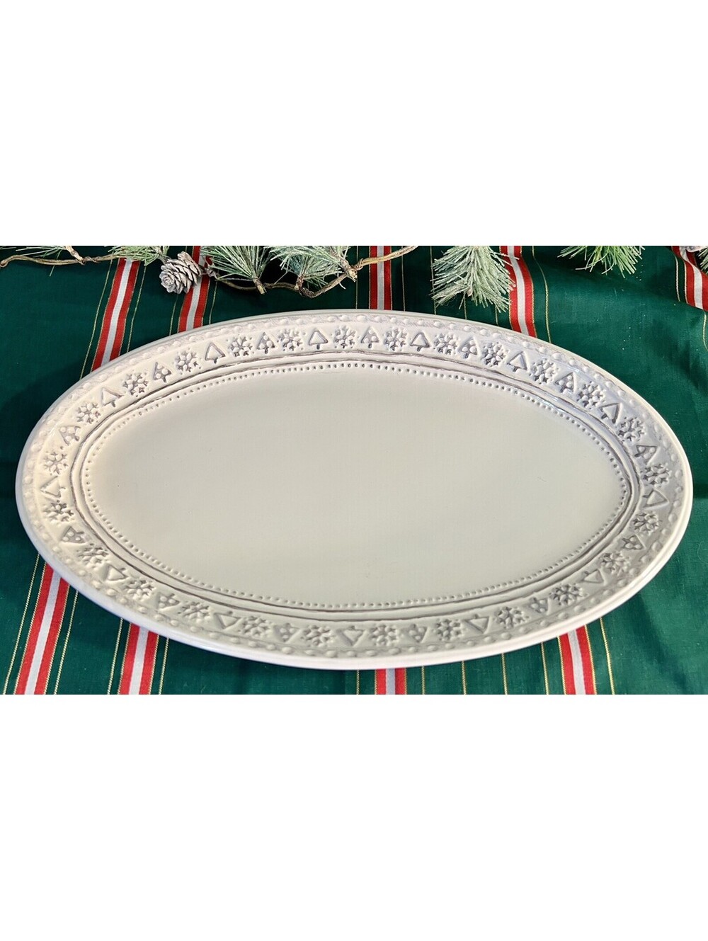 Vintage Hallmark OVAL PLATTER Christmas Holiday Silver Gray Trees & Snowflakes